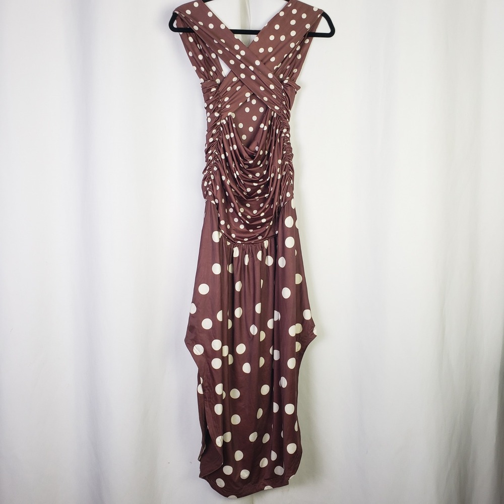 Free People Size L Brown Square Neck Raylon Variegated Polka Dot Midi Dress - Picture 3 of 9